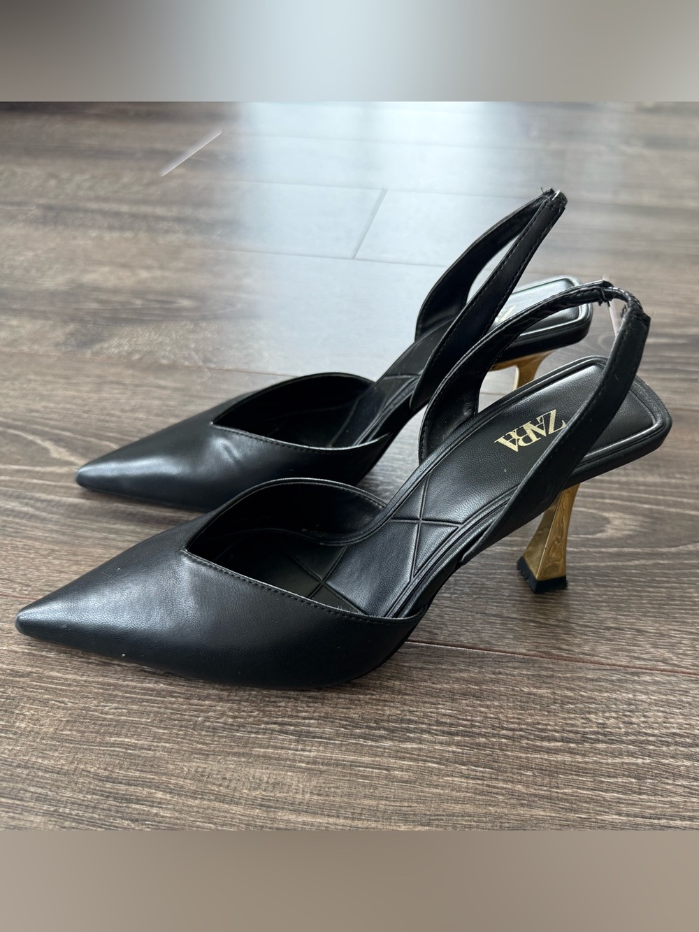 ZARA Black Slingback Pumps with Gold Sculpted Heel